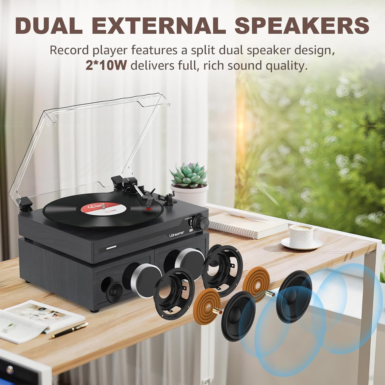 Udreamer platenspeler met Bluetooth 5.3, 2x 10W stereo speakers, 3 snelheden en USB, zwart