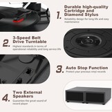 Udreamer platenspeler met Bluetooth 5.3, 2x 10W stereo speakers, 3 snelheden en USB, zwart