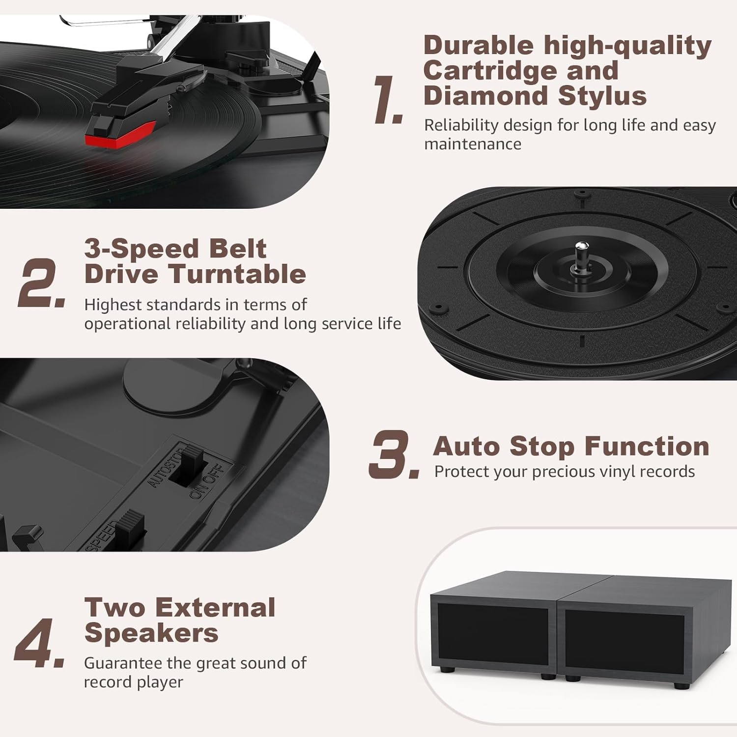 Udreamer platenspeler met Bluetooth 5.3, 2x 10W stereo speakers, 3 snelheden en USB, zwart