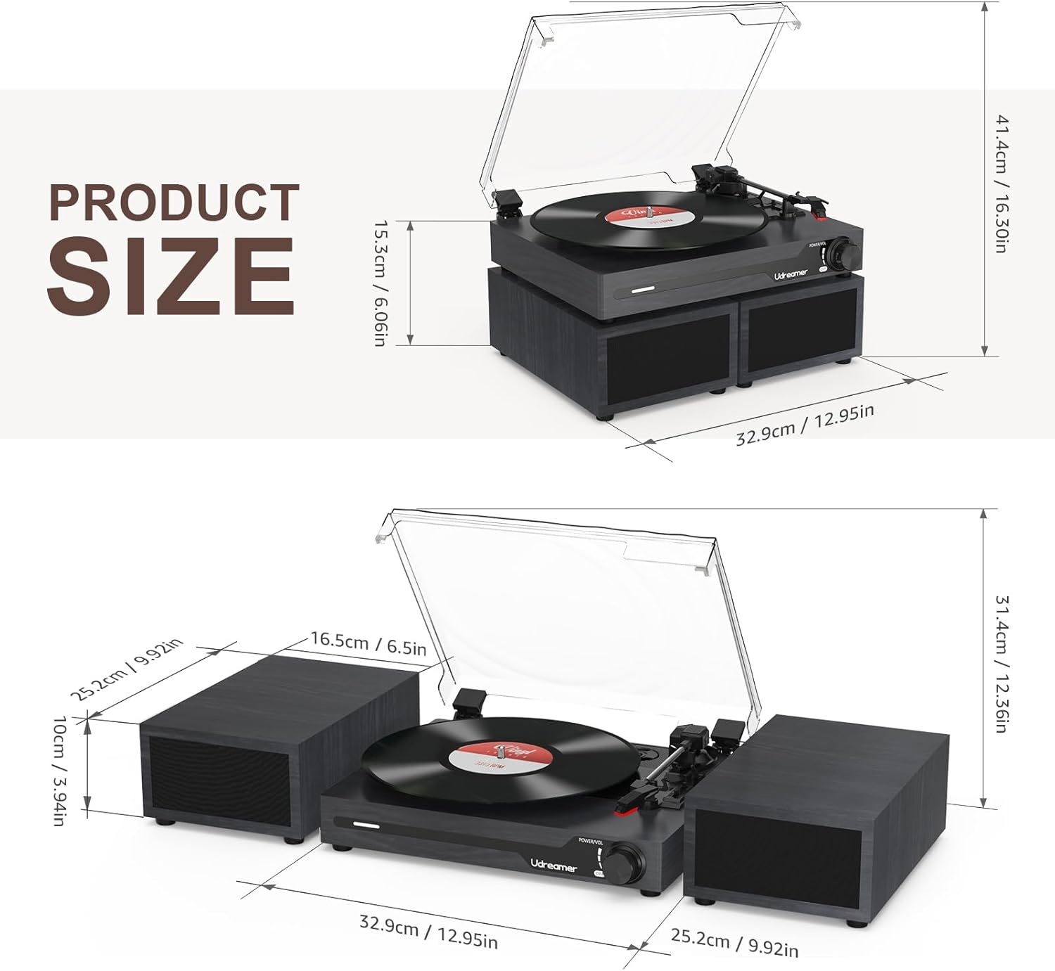 Udreamer platenspeler met Bluetooth 5.3, 2x 10W stereo speakers, 3 snelheden en USB, zwart