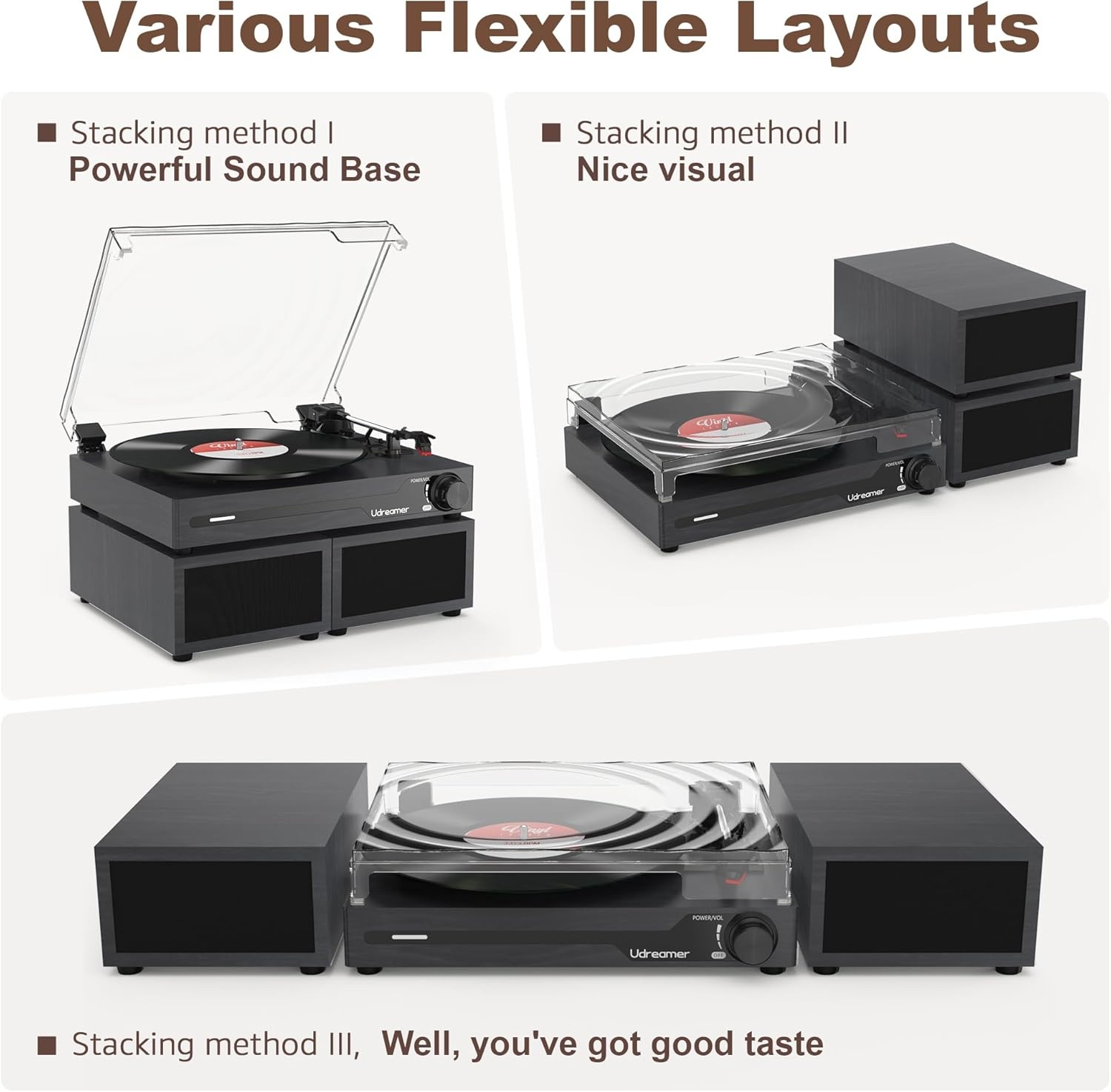 Udreamer platenspeler met Bluetooth 5.3, 2x 10W stereo speakers, 3 snelheden en USB, zwart