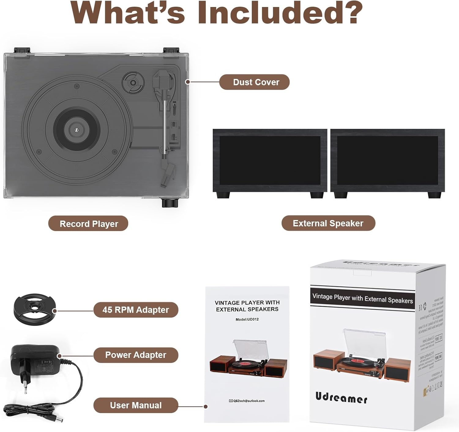 Udreamer platenspeler met Bluetooth 5.3, 2x 10W stereo speakers, 3 snelheden en USB, zwart