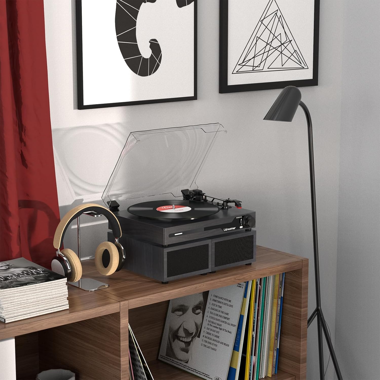 Udreamer platenspeler met Bluetooth 5.3, 2x 10W stereo speakers, 3 snelheden en USB, zwart