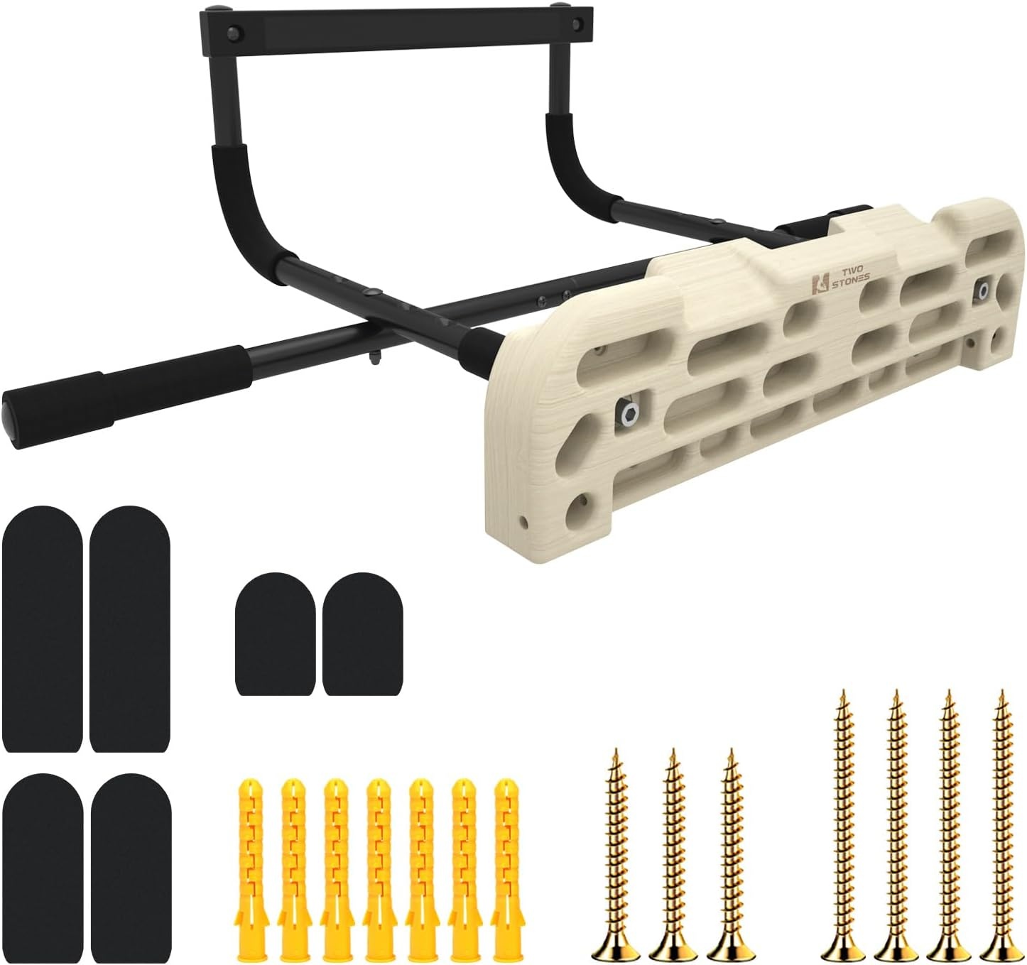 Hangboard voor rotsklimmen training met optrekstang, diverse grepen: kannen, knijpen, zakken, randen en hellingen