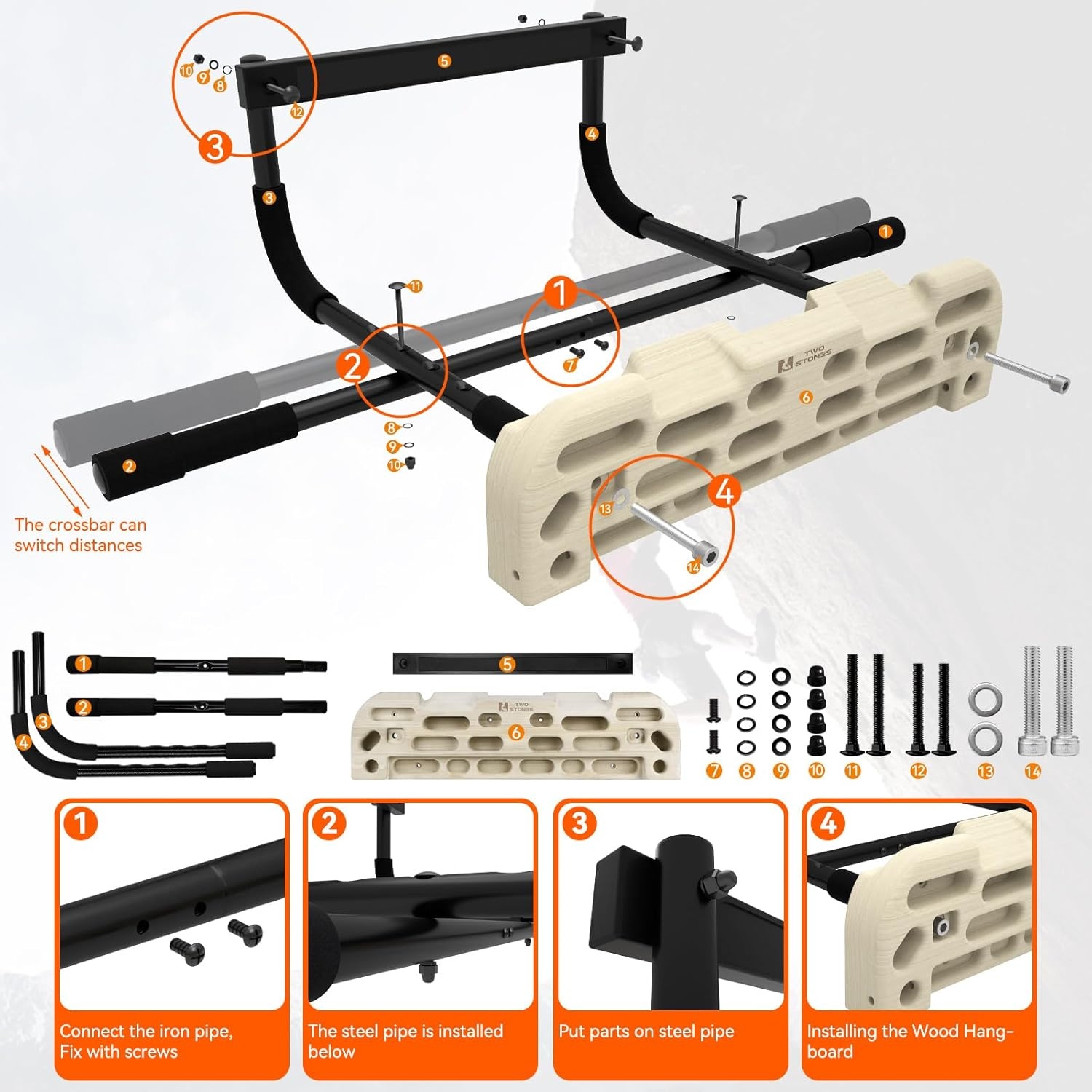 Hangboard voor rotsklimmen training met optrekstang, diverse grepen: kannen, knijpen, zakken, randen en hellingen