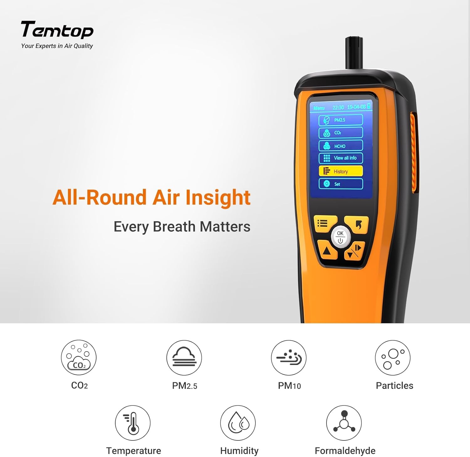 Binnenluchtkwaliteitsmeter voor PM2.5, PM10, CO2, HCHO, Temp & Vocht | Draagbaar met alarm, datalogging, kleurenscherm