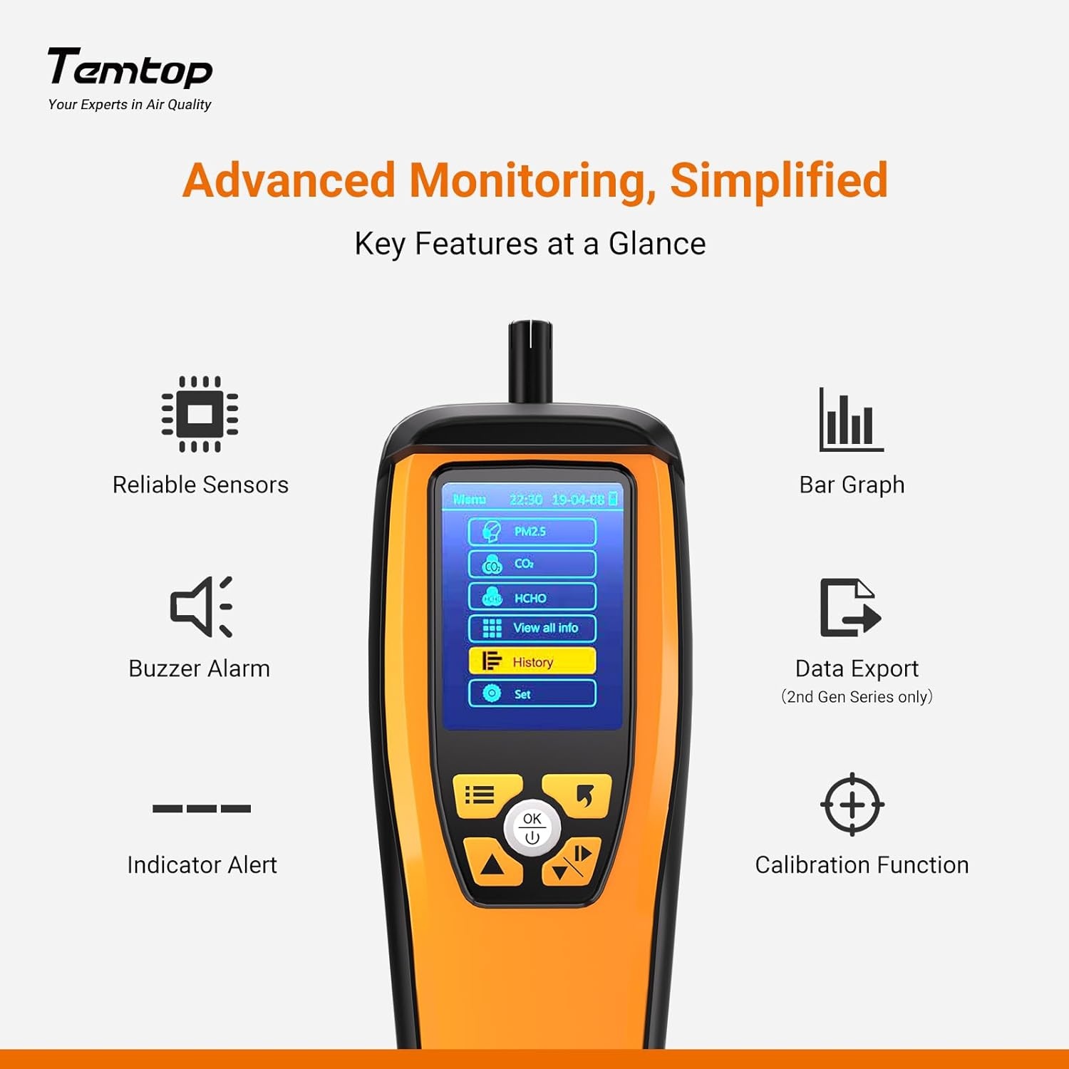 Binnenluchtkwaliteitsmeter voor PM2.5, PM10, CO2, HCHO, Temp & Vocht | Draagbaar met alarm, datalogging, kleurenscherm