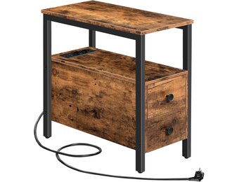 HOOBRO Bijzettafel met laadstation, bank-tafel met 2 laden en USB-poort en stopcontact, nachtkastje voor kleine ruimtes, stabiel en robuust, voor woonkamer, slaapkamer, donkerbruin EBF542BZ01