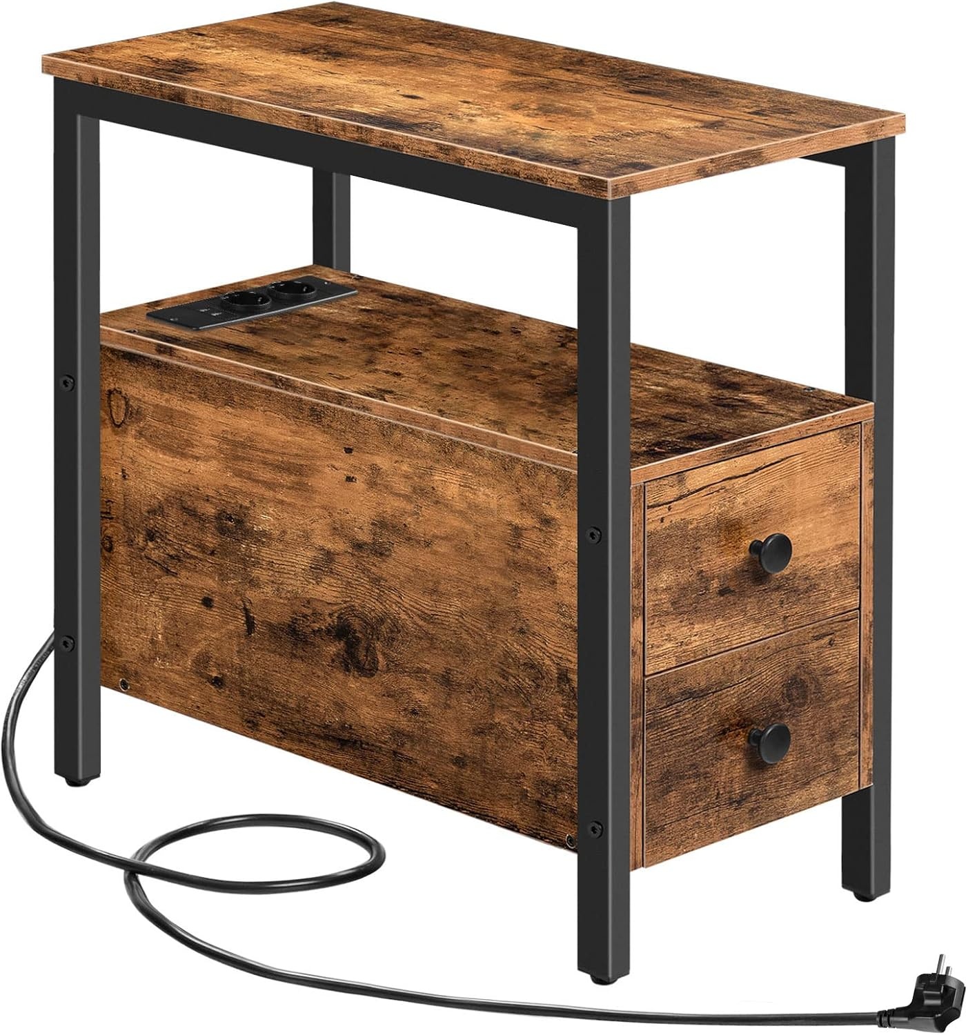 HOOBRO Bijzettafel met laadstation, bank-tafel met 2 laden en USB-poort en stopcontact, nachtkastje voor kleine ruimtes, stabiel en robuust, voor woonkamer, slaapkamer, donkerbruin EBF542BZ01