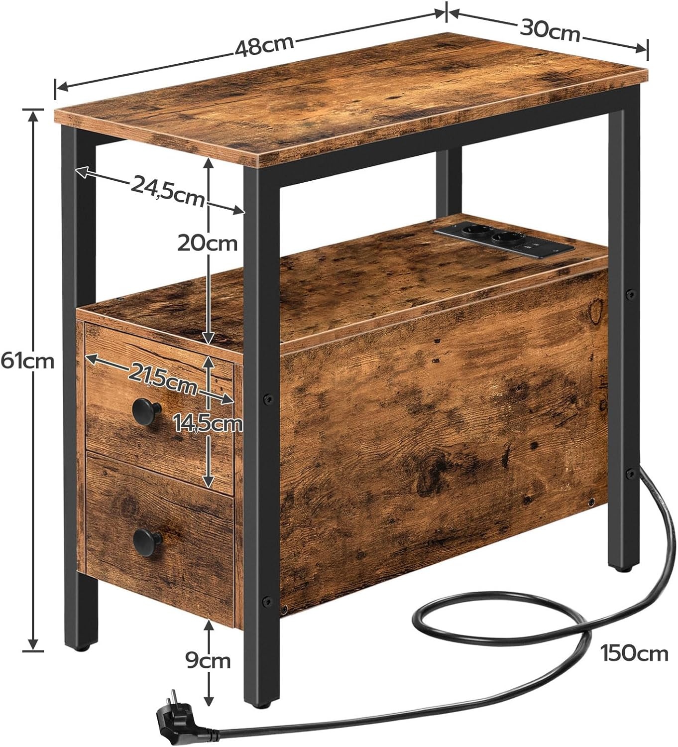 HOOBRO Bijzettafel met laadstation, bank-tafel met 2 laden en USB-poort en stopcontact, nachtkastje voor kleine ruimtes, stabiel en robuust, voor woonkamer, slaapkamer, donkerbruin EBF542BZ01