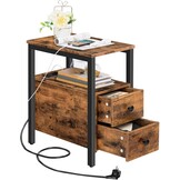 HOOBRO Bijzettafel met laadstation, bank-tafel met 2 laden en USB-poort en stopcontact, nachtkastje voor kleine ruimtes, stabiel en robuust, voor woonkamer, slaapkamer, donkerbruin EBF542BZ01