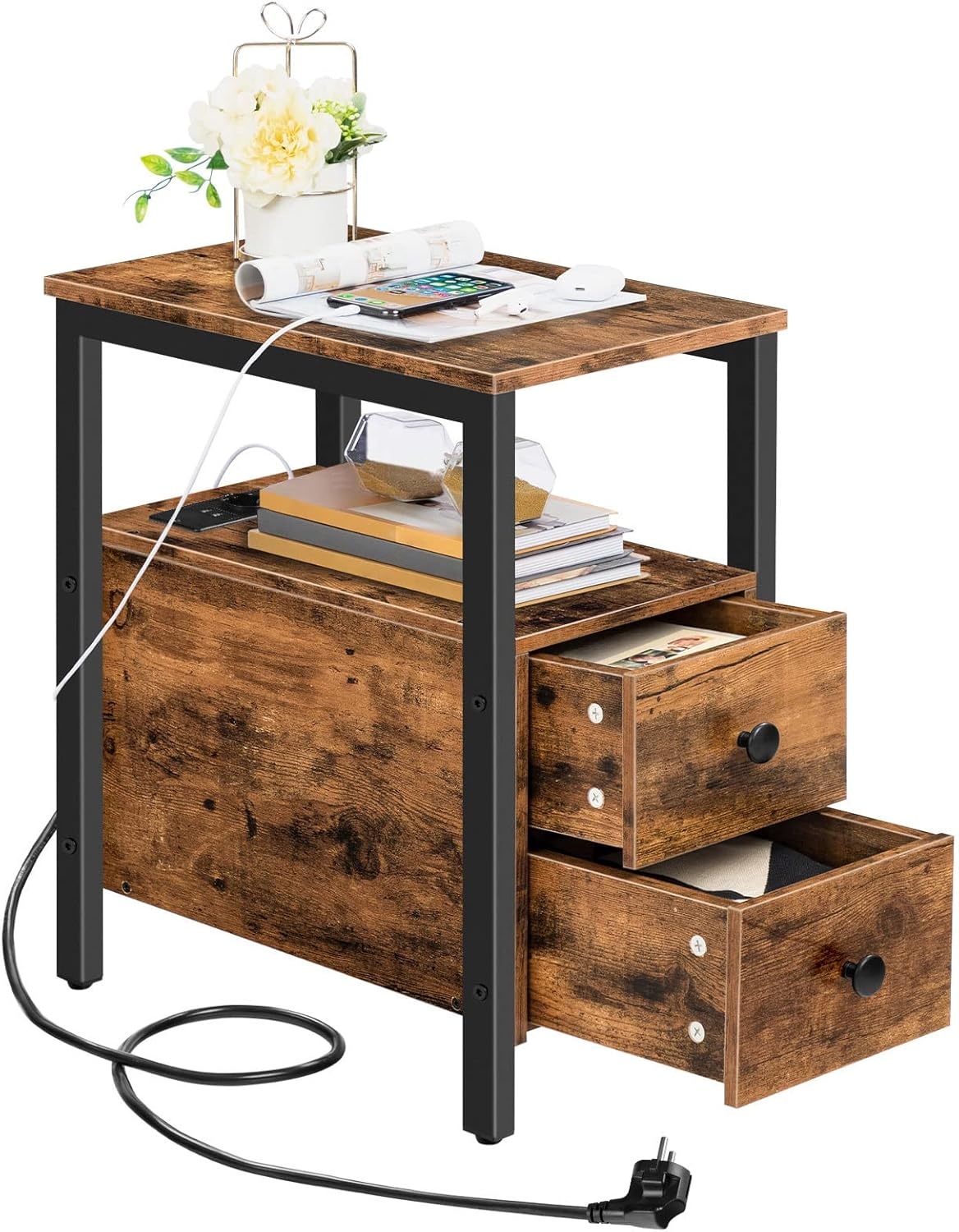 HOOBRO Bijzettafel met laadstation, bank-tafel met 2 laden en USB-poort en stopcontact, nachtkastje voor kleine ruimtes, stabiel en robuust, voor woonkamer, slaapkamer, donkerbruin EBF542BZ01