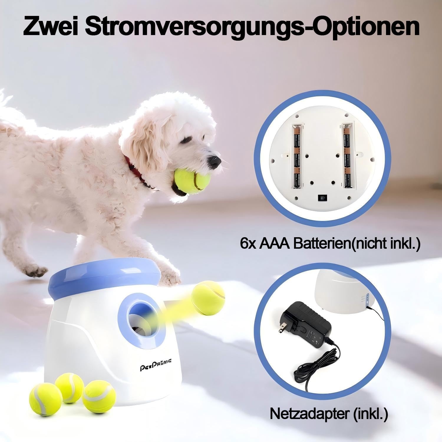 Pet Prime Automatische balwerper, hondenbal, interactieve balwerpmachine, 3 tennisballen inbegrepen, voor kleine honden, mini-stijl (wit)