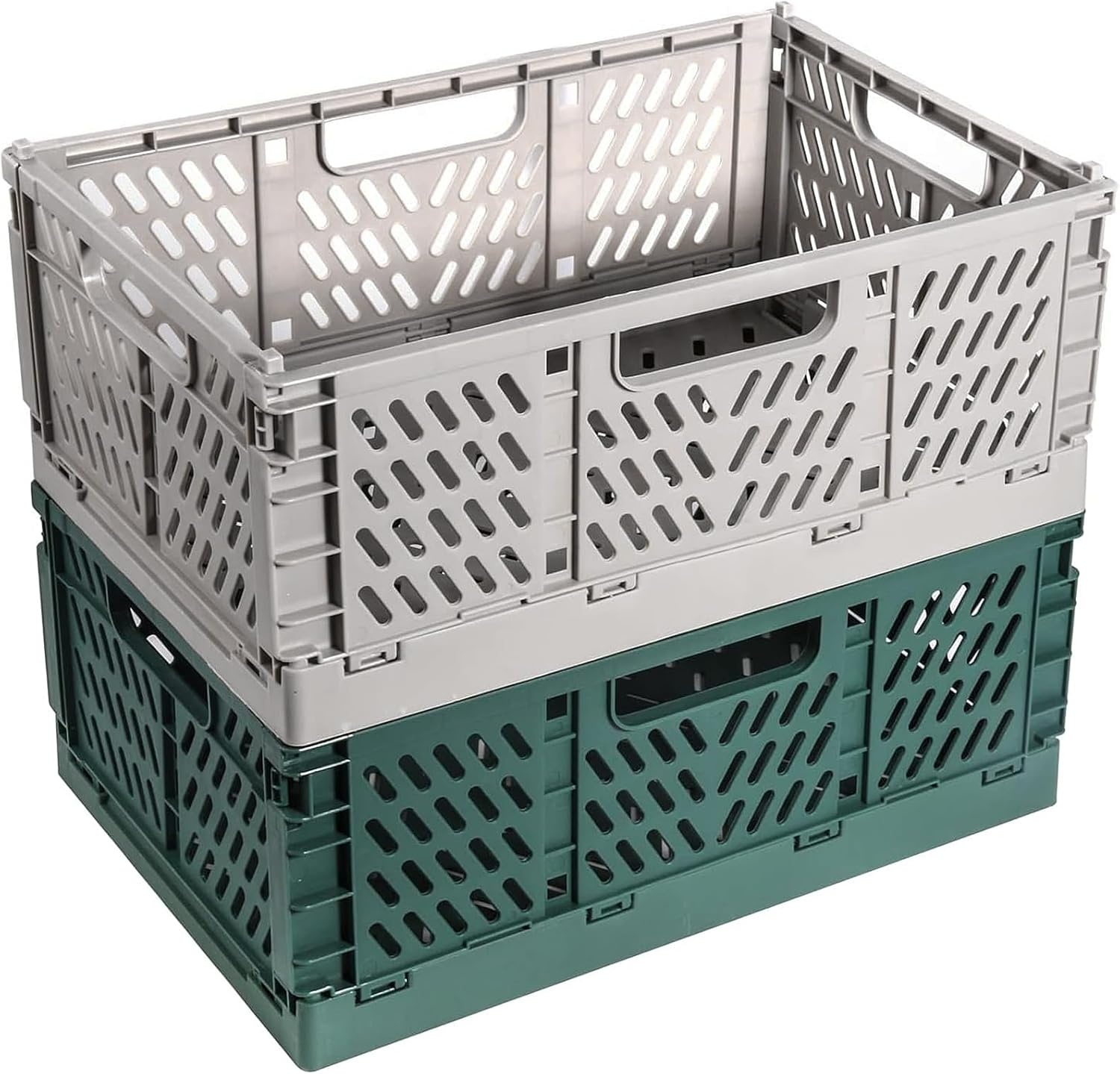 2 stuks klapkisten, kunststof stabiele vouwdozen, 42 x 28 x 16 cm, opvouwbare opbergmand, stapelbare klapkisten, set voor opslag, keuken, slaapkamer, werkkamer, kantoor, tuin (grijs + donkergroen)