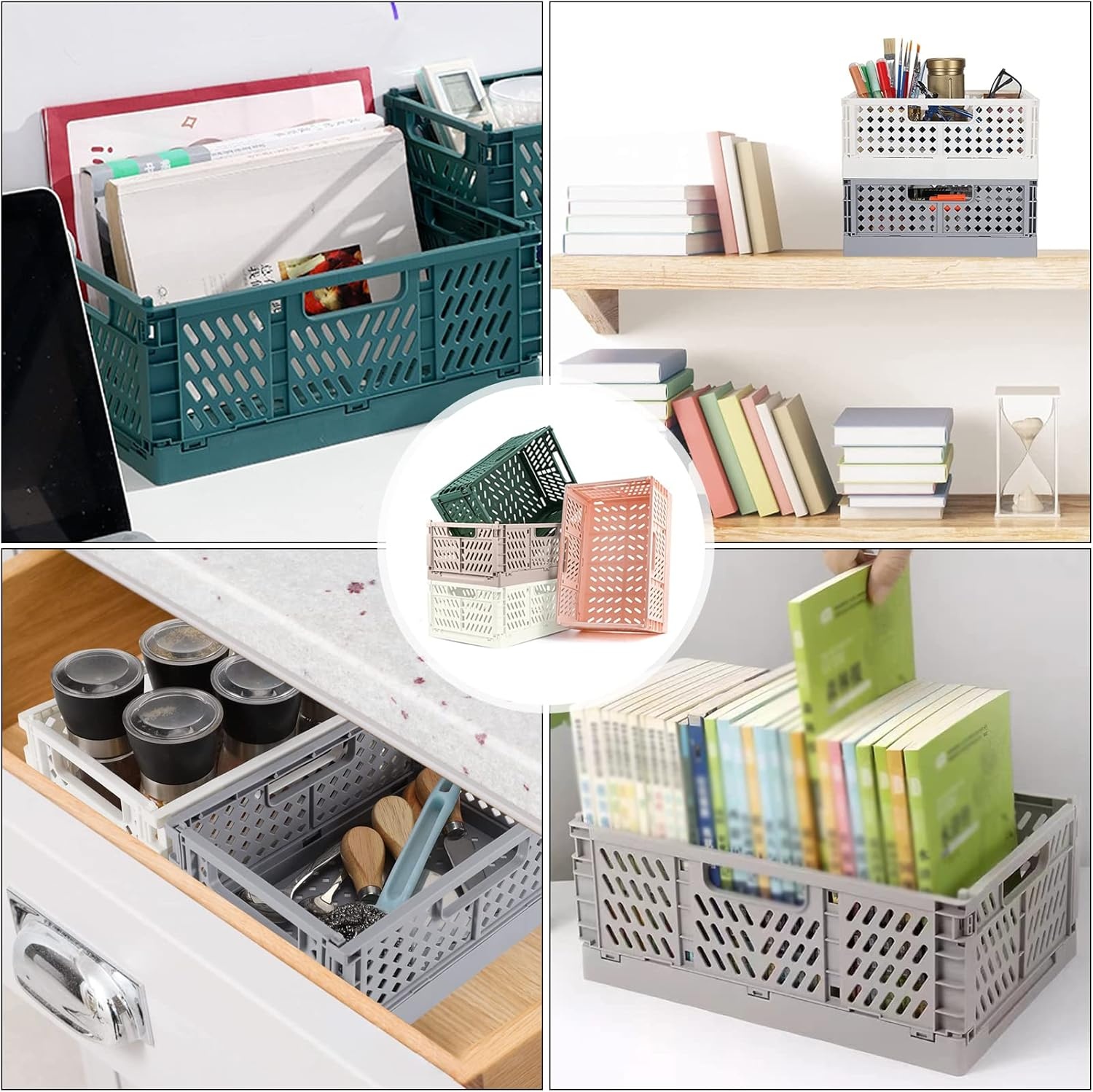 2 stuks klapkisten, kunststof stabiele vouwdozen, 42 x 28 x 16 cm, opvouwbare opbergmand, stapelbare klapkisten, set voor opslag, keuken, slaapkamer, werkkamer, kantoor, tuin (grijs + donkergroen)