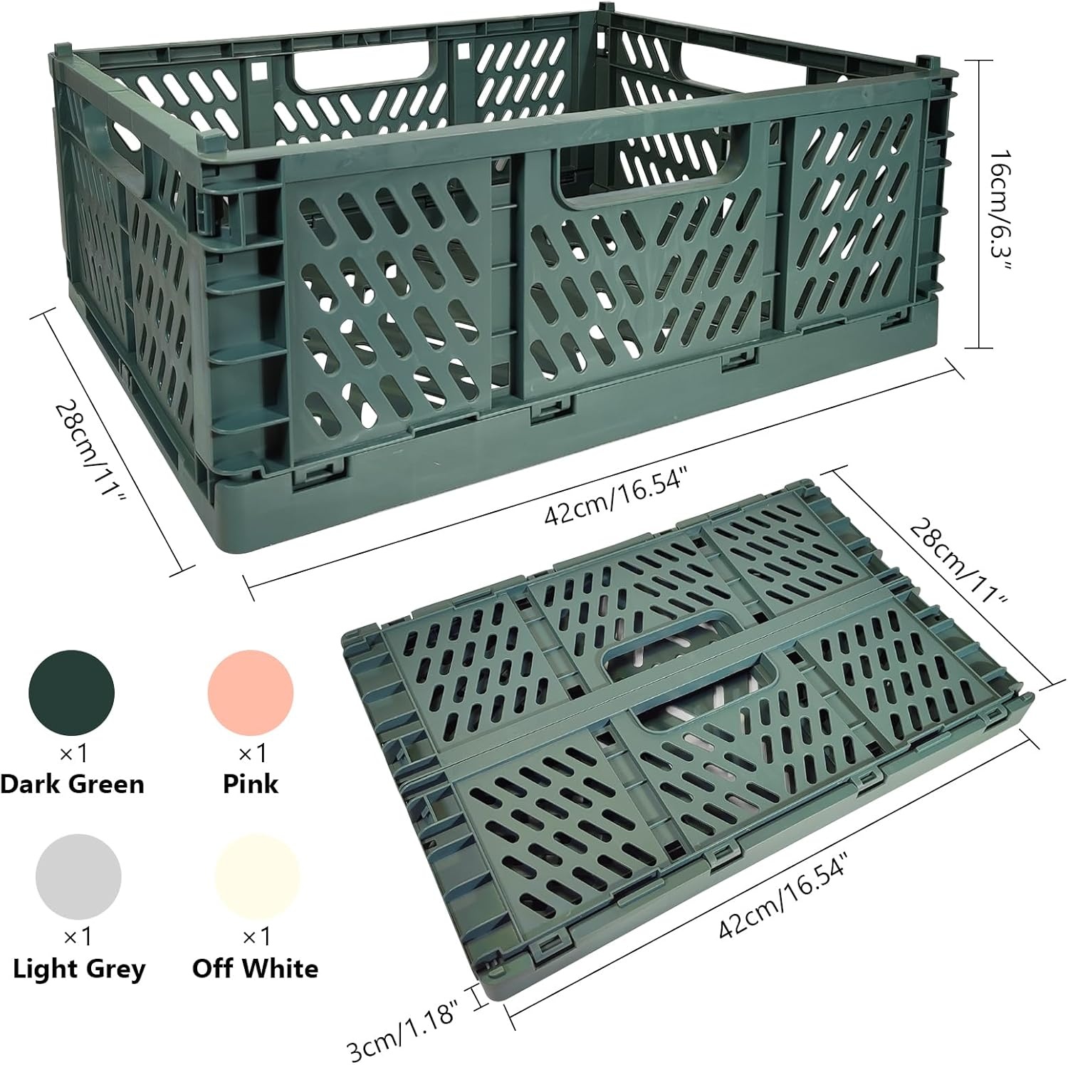 2 stuks klapkisten, kunststof stabiele vouwdozen, 42 x 28 x 16 cm, opvouwbare opbergmand, stapelbare klapkisten, set voor opslag, keuken, slaapkamer, werkkamer, kantoor, tuin (grijs + donkergroen)
