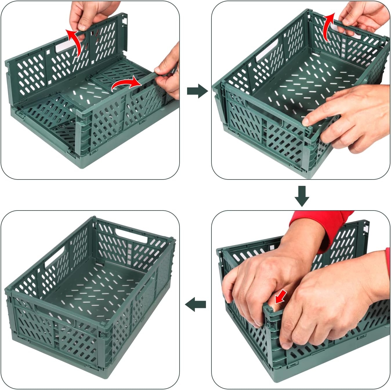 2 stuks klapkisten, kunststof stabiele vouwdozen, 42 x 28 x 16 cm, opvouwbare opbergmand, stapelbare klapkisten, set voor opslag, keuken, slaapkamer, werkkamer, kantoor, tuin (grijs + donkergroen)