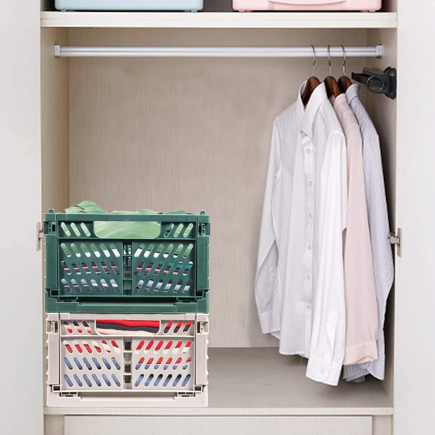 2 stuks klapkisten, kunststof stabiele vouwdozen, 42 x 28 x 16 cm, opvouwbare opbergmand, stapelbare klapkisten, set voor opslag, keuken, slaapkamer, werkkamer, kantoor, tuin (grijs + donkergroen)