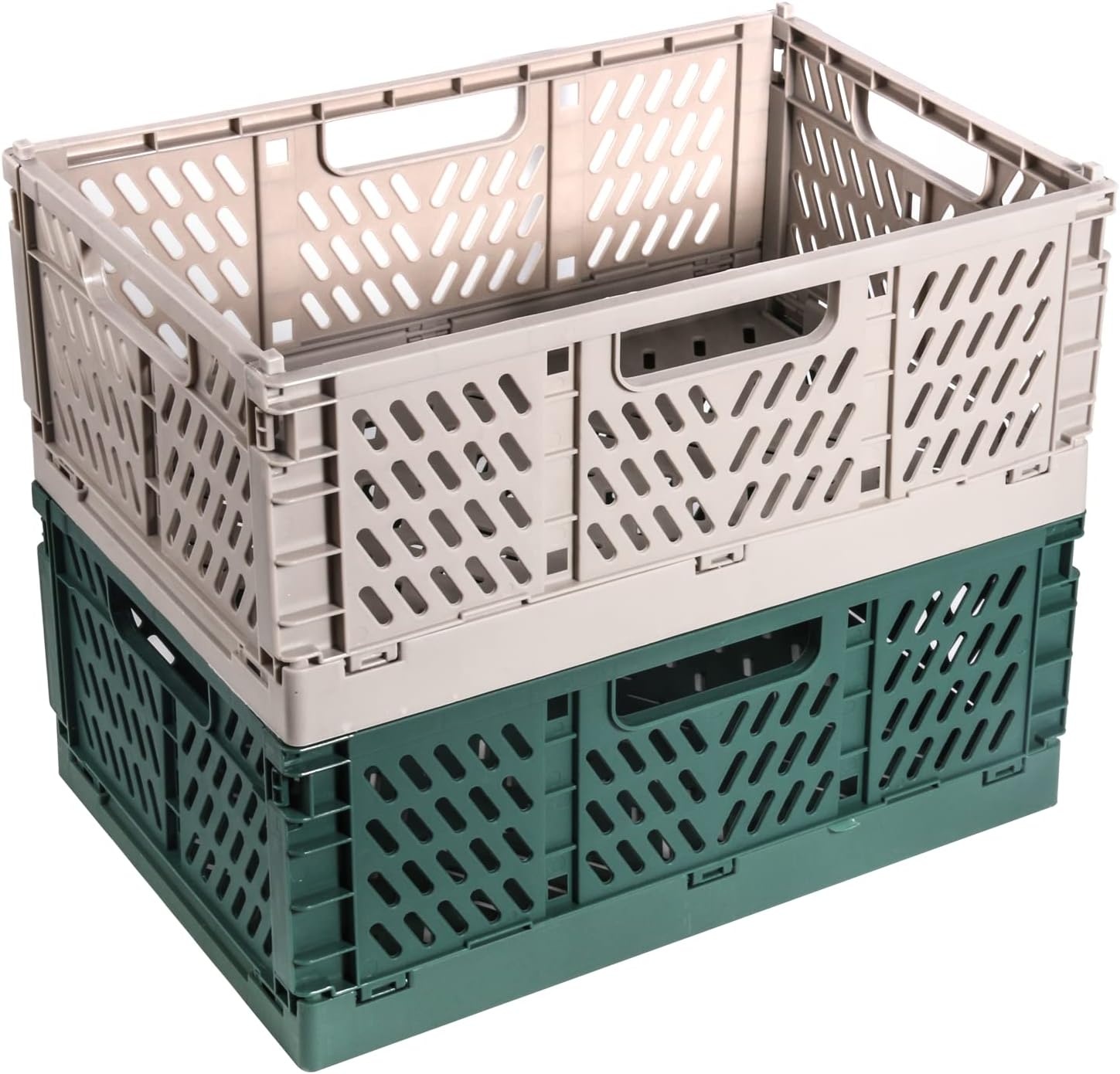 2 stuks klapkisten, kunststof stabiele vouwdozen, 42 x 28 x 16 cm, opvouwbare opbergmand, stapelbare klapkisten, set voor opslag, keuken, slaapkamer, werkkamer, kantoor, tuin (grijs + donkergroen)