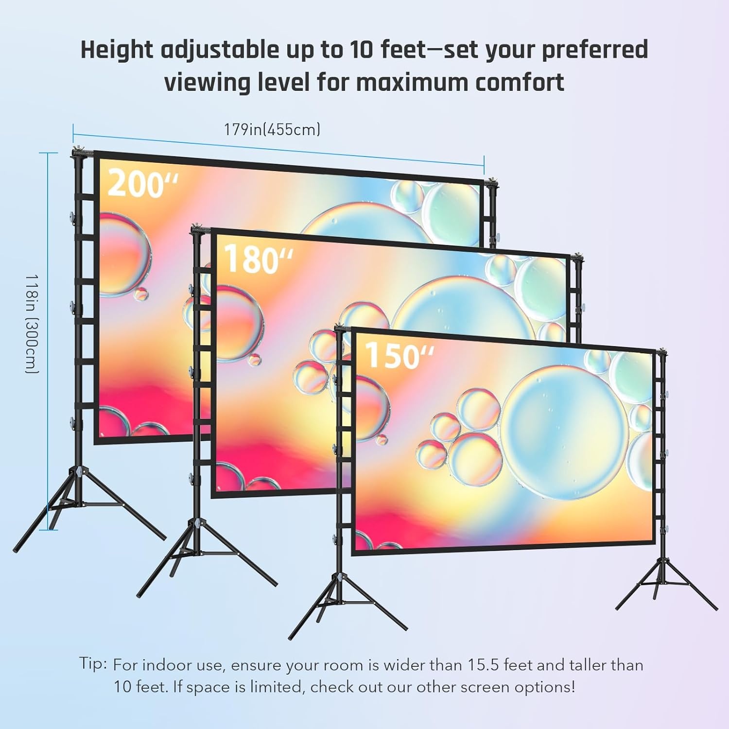 Beamerscherm van 200 inch, met standaard: draagbaar groot scherm voor outdoor bioscoop, projectiescherm voor binnen en buiten, 16:9 4K HD, kreukvrij en draagtas voor tuinbioscoop