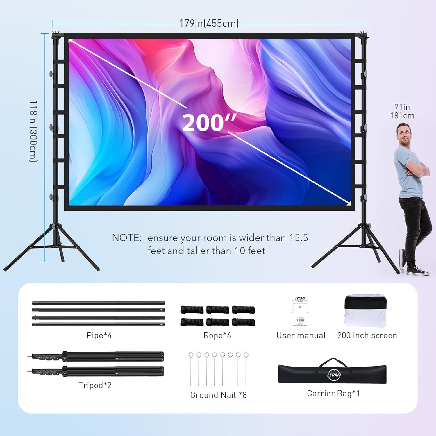 Beamerscherm van 200 inch, met standaard: draagbaar groot scherm voor outdoor bioscoop, projectiescherm voor binnen en buiten, 16:9 4K HD, kreukvrij en draagtas voor tuinbioscoop