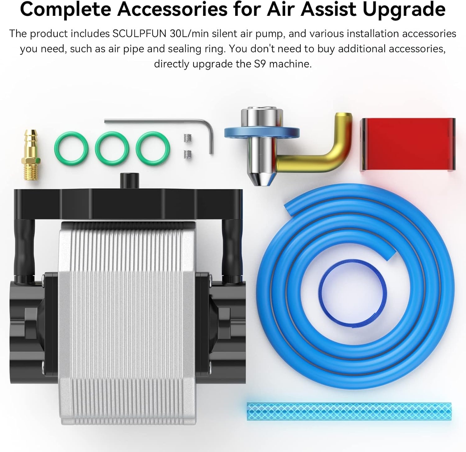 SCULPFUN S9 220V Air assist met air-assist nozzle set, 30L/min high-speed air assist past perfect bij lasermachines, sneller en schoner snijden, volledig metalen structuur