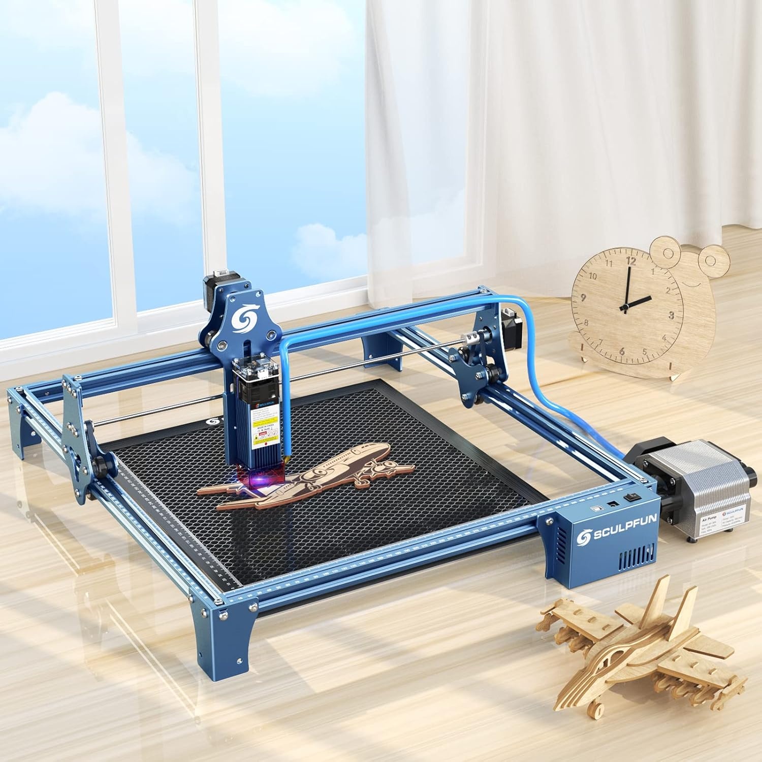 SCULPFUN S9 220V Air assist met air-assist nozzle set, 30L/min high-speed air assist past perfect bij lasermachines, sneller en schoner snijden, volledig metalen structuur