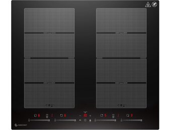AMZCHEF Inductiekookplaat 60 cm met 2 flexzones, 4 zones, inductiekookplaat met stille werking, 9 standen en booster, BBQ-functie, pauzefunctie en warmhouden, 7400 W