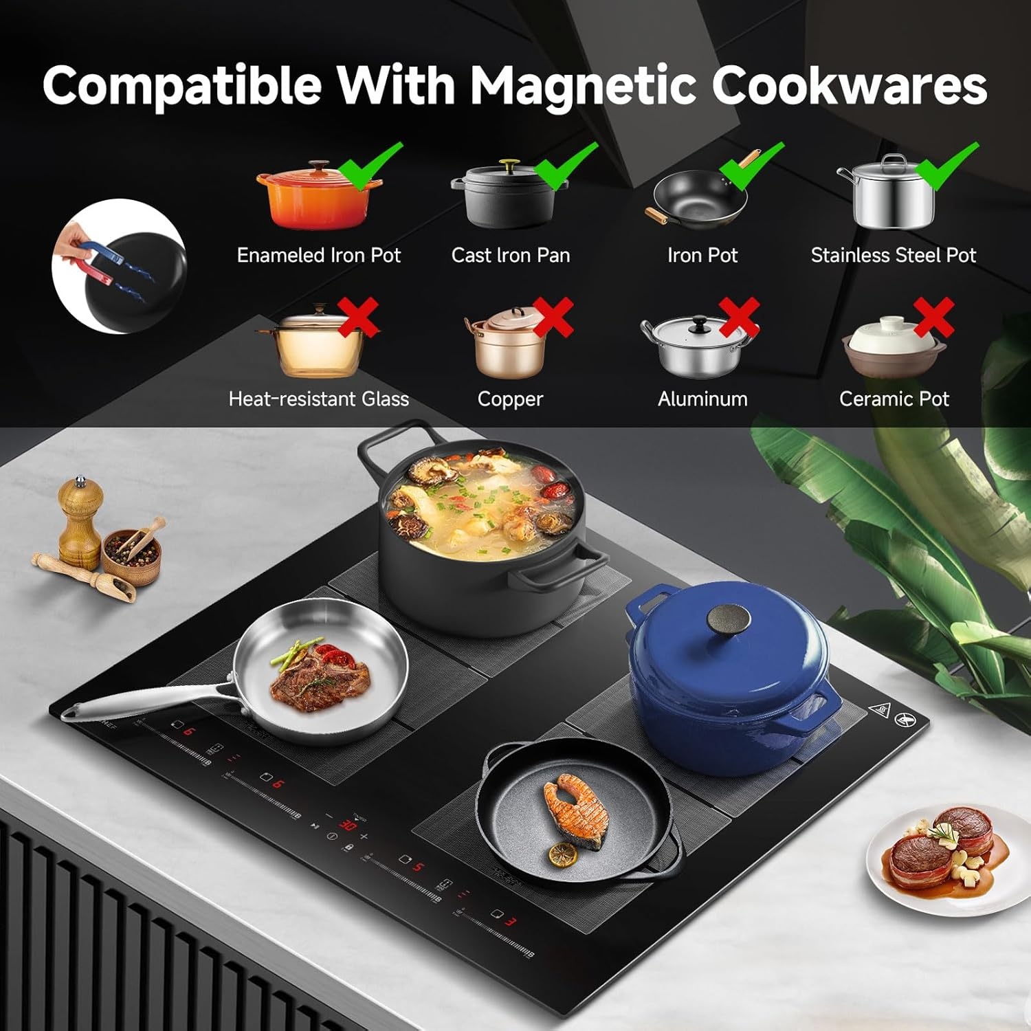 AMZCHEF Inductiekookplaat 60 cm met 2 flexzones, 4 zones, inductiekookplaat met stille werking, 9 standen en booster, BBQ-functie, pauzefunctie en warmhouden, 7400 W