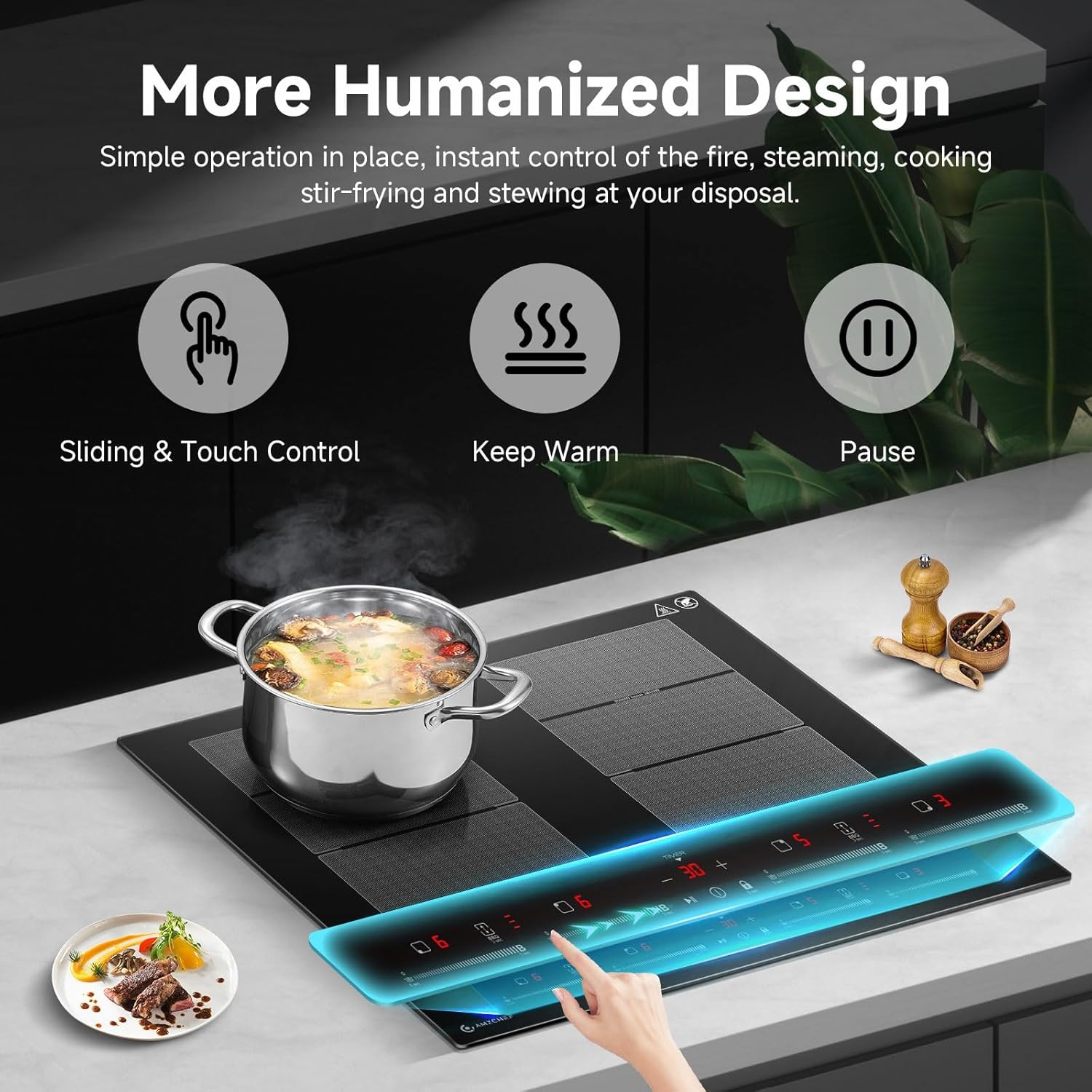 AMZCHEF Inductiekookplaat 60 cm met 2 flexzones, 4 zones, inductiekookplaat met stille werking, 9 standen en booster, BBQ-functie, pauzefunctie en warmhouden, 7400 W