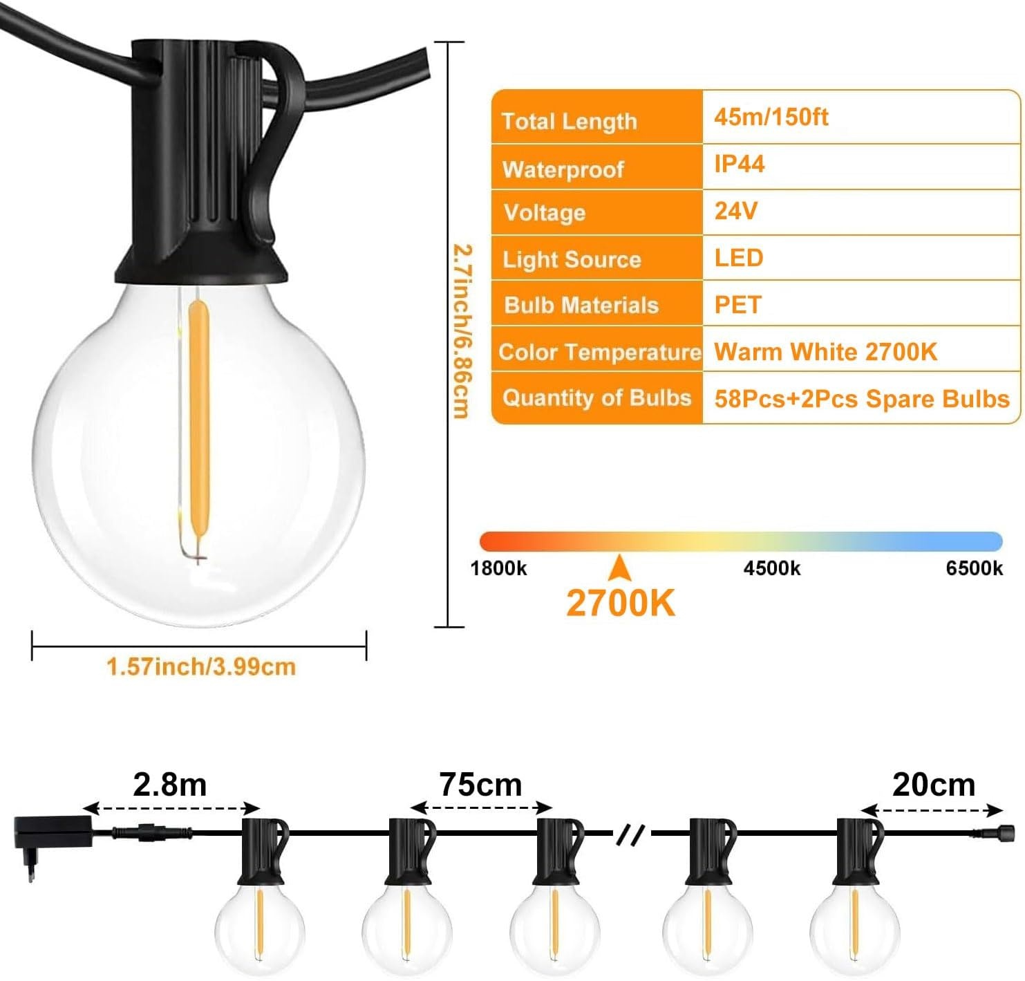 10 meter LED-slingers met 15+1 lampjes, IP44 waterdicht voor tuin en terras