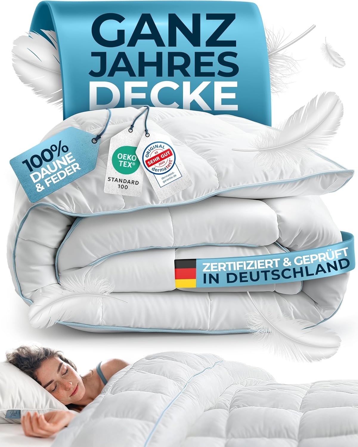 Glückstoff Veren- en donsdekbed 220 x 240 cm, gecertificeerd in Duitsland, dekbed en veren dekbed, bovenbed, slaapdeken, dekbed, zomer- en winterdekbed, dekbed (all-season dekbed)
