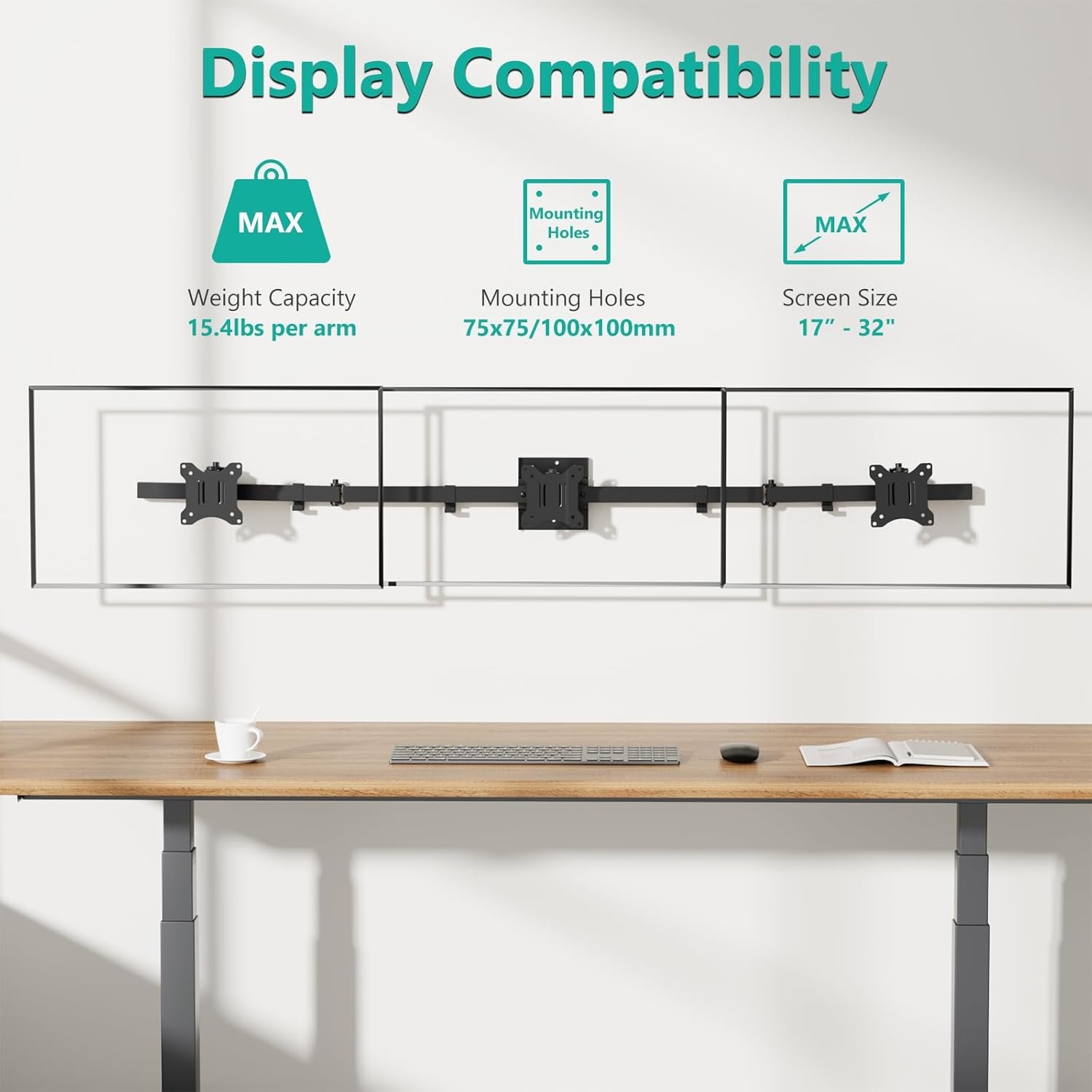 WALI Drievoudige monitor wandhouder voor 17-32 inch, computermonitorarm voor 3 schermen, draaibare kantelbare muurbeugel met montagegaten 75x75/100x100 mm, max. 7 kg per arm