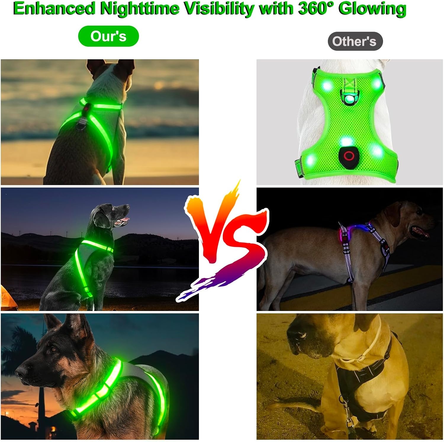 Visinite Hondenharnas met led-verlichting, USB-oplaadbaar, oplichtend hondentuigje, 2 verlichte modi, glow in the dark hondenharnas, verstelbaar verlicht hondenharnas licht voor nachtwandelveiligheid