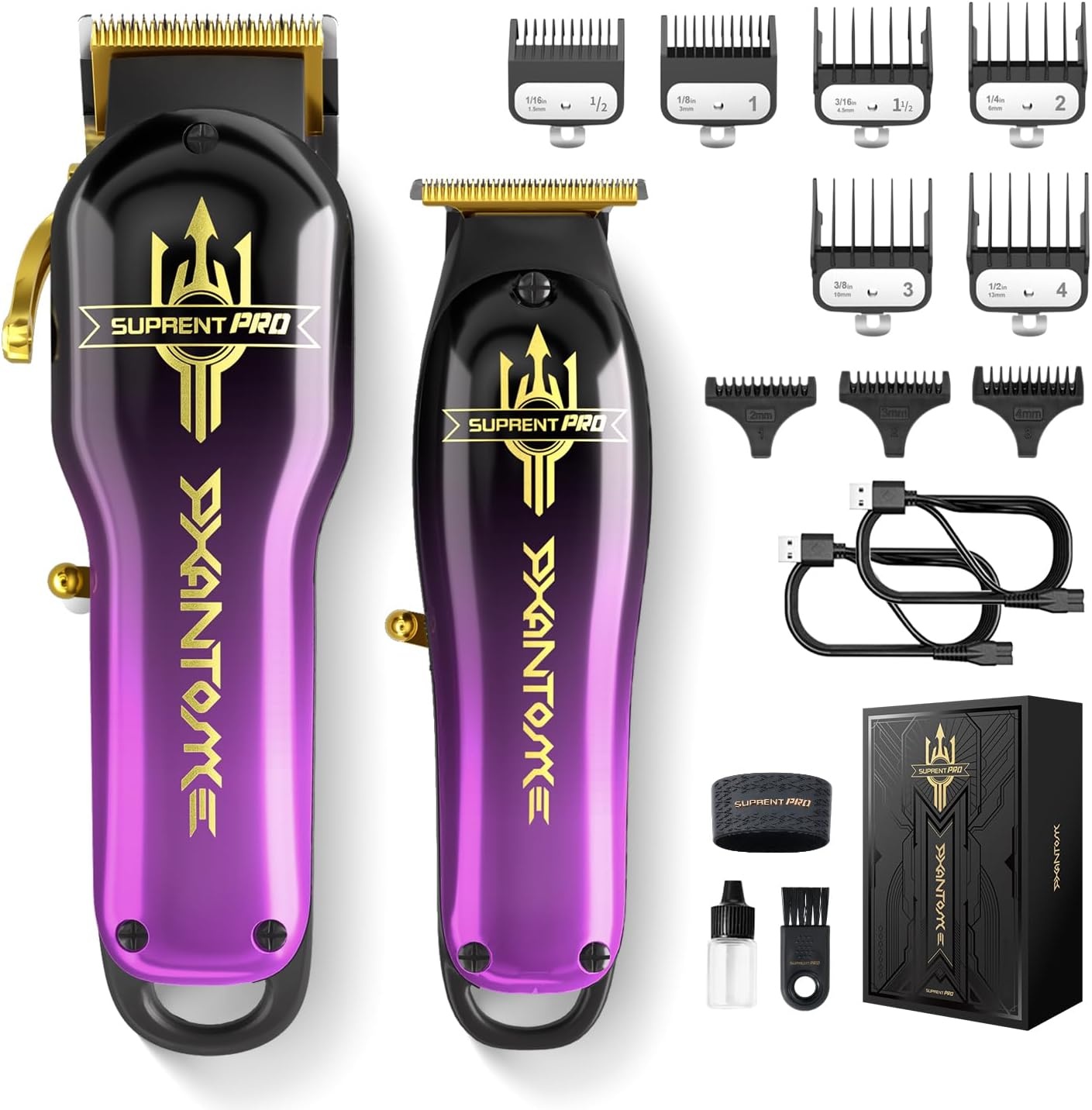 SUPRENT PRO Professionele kapper tondeuse - draadloze, borstelloze motor en DLC-gecoat mes - Zero Gap Trimmer - Geschenkset (paars)