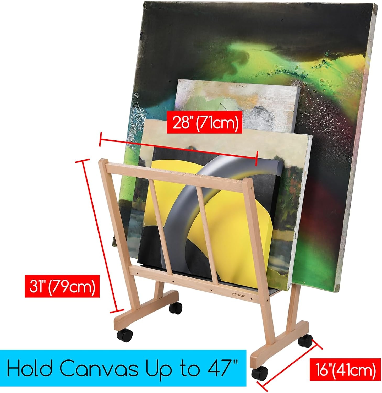 MEEDEN Houten groot afdrugrek met wielen - opbergrek voor kunstenaars en displays - premium kunst droogrek - opslag voor canvas, prints, panelen, posters, geschikt voor kunstwerken tot 47", natuurlijk