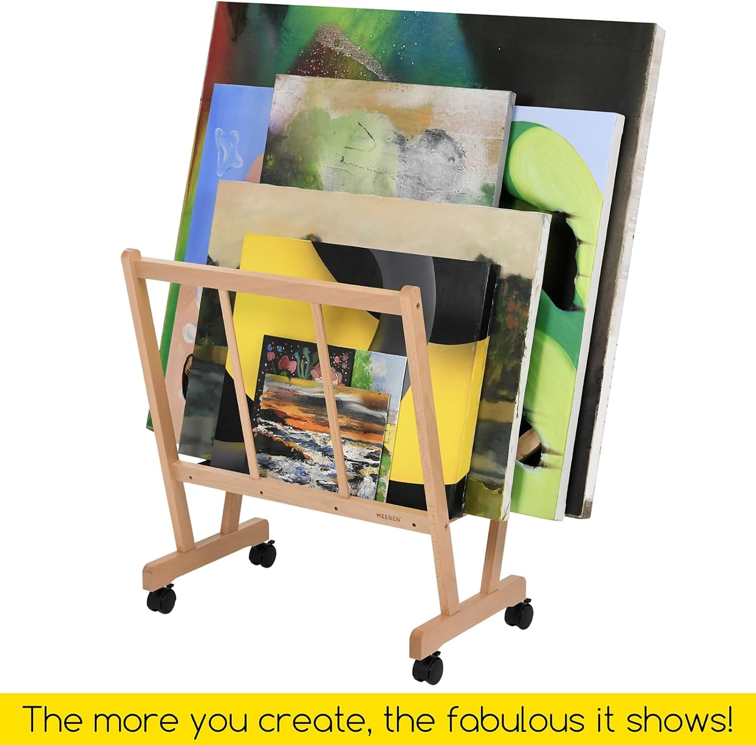 MEEDEN Houten groot afdrugrek met wielen - opbergrek voor kunstenaars en displays - premium kunst droogrek - opslag voor canvas, prints, panelen, posters, geschikt voor kunstwerken tot 47", natuurlijk