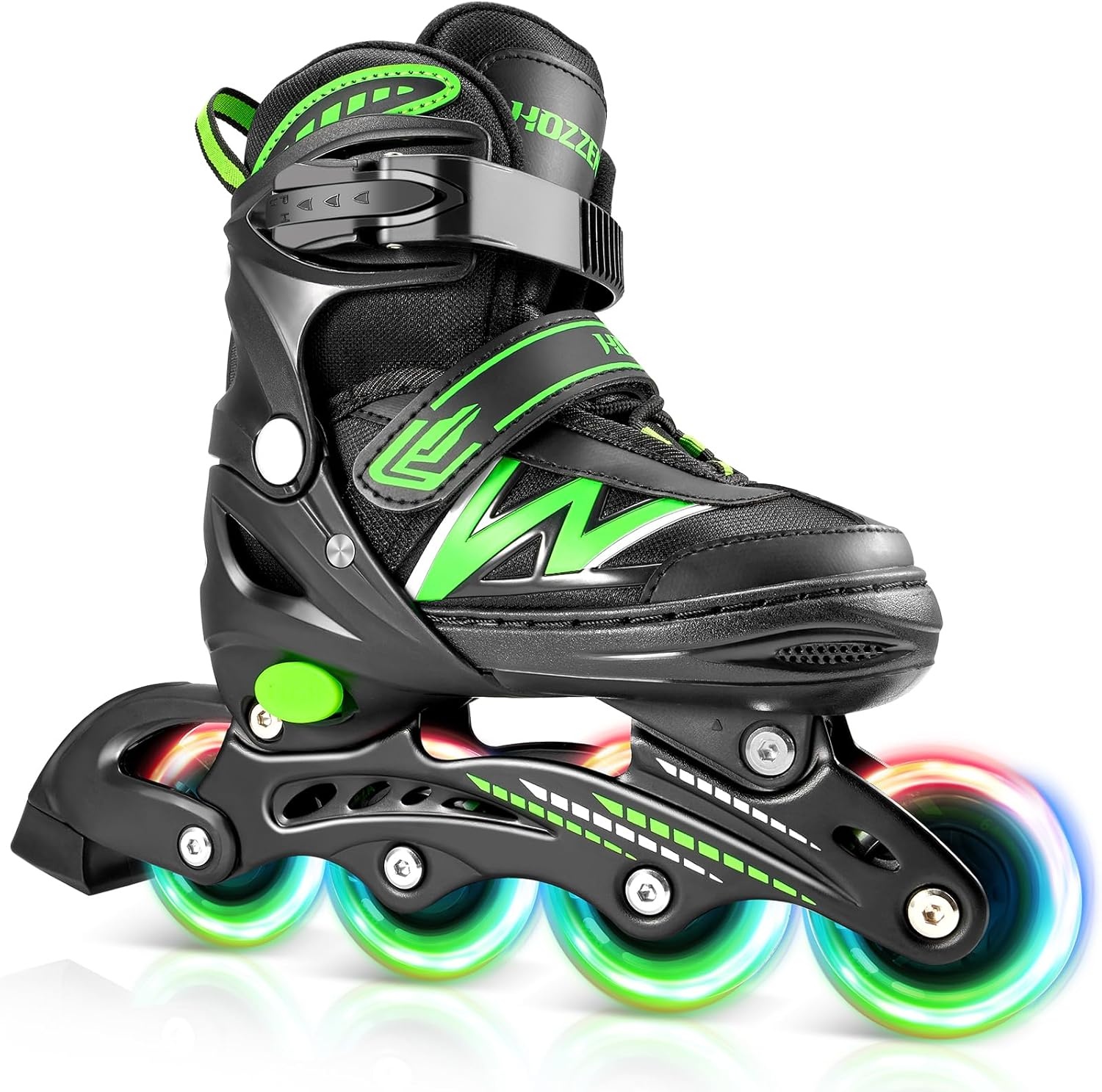 Hozzen Inline Skates voor kinderen en volwassenen, verstelbaar (Zwart en Groen, Maat M)