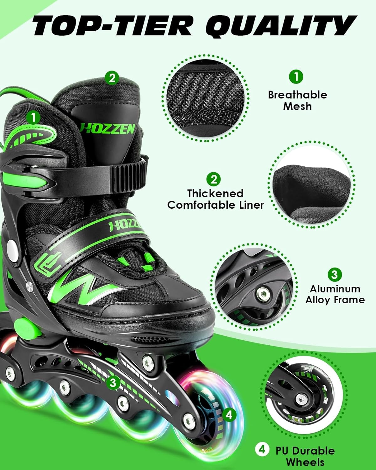 Hozzen Inline Skates voor kinderen en volwassenen, verstelbaar (Zwart en Groen, Maat M)