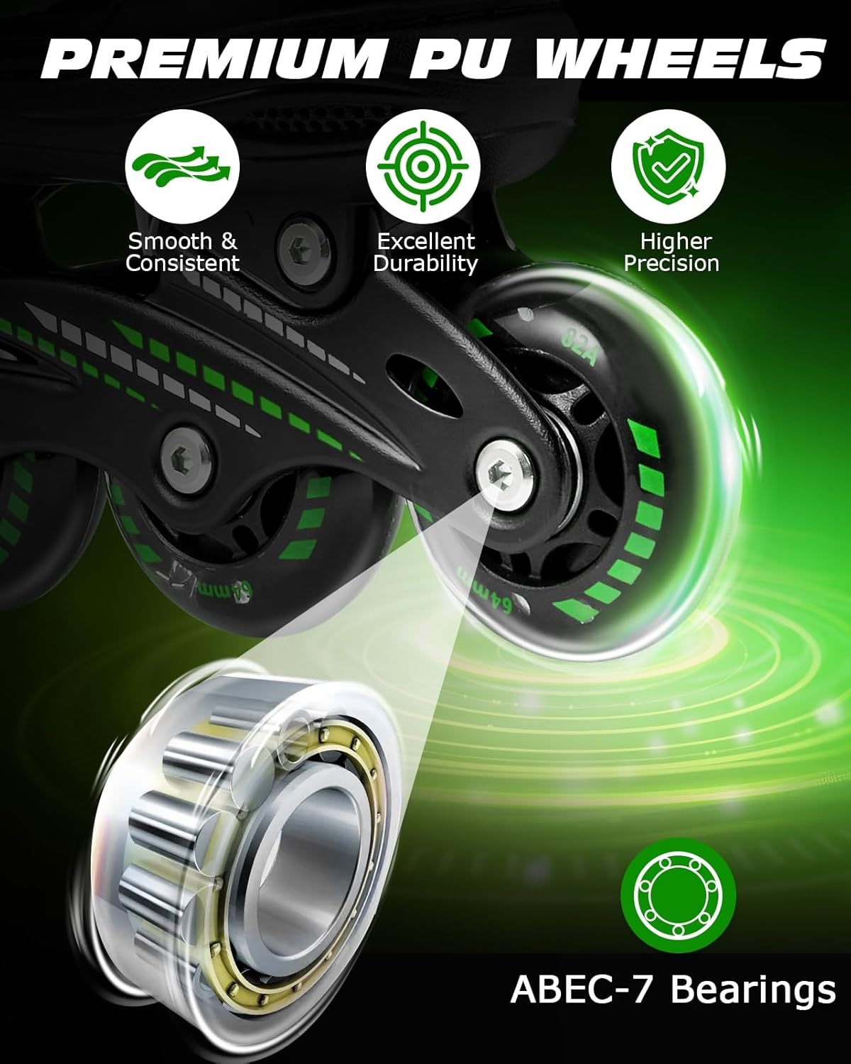 Hozzen Inline Skates voor kinderen en volwassenen, verstelbaar (Zwart en Groen, Maat M)