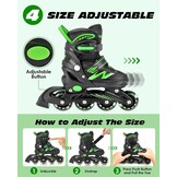 Hozzen Inline Skates voor kinderen en volwassenen, verstelbaar (Zwart en Groen, Maat M)