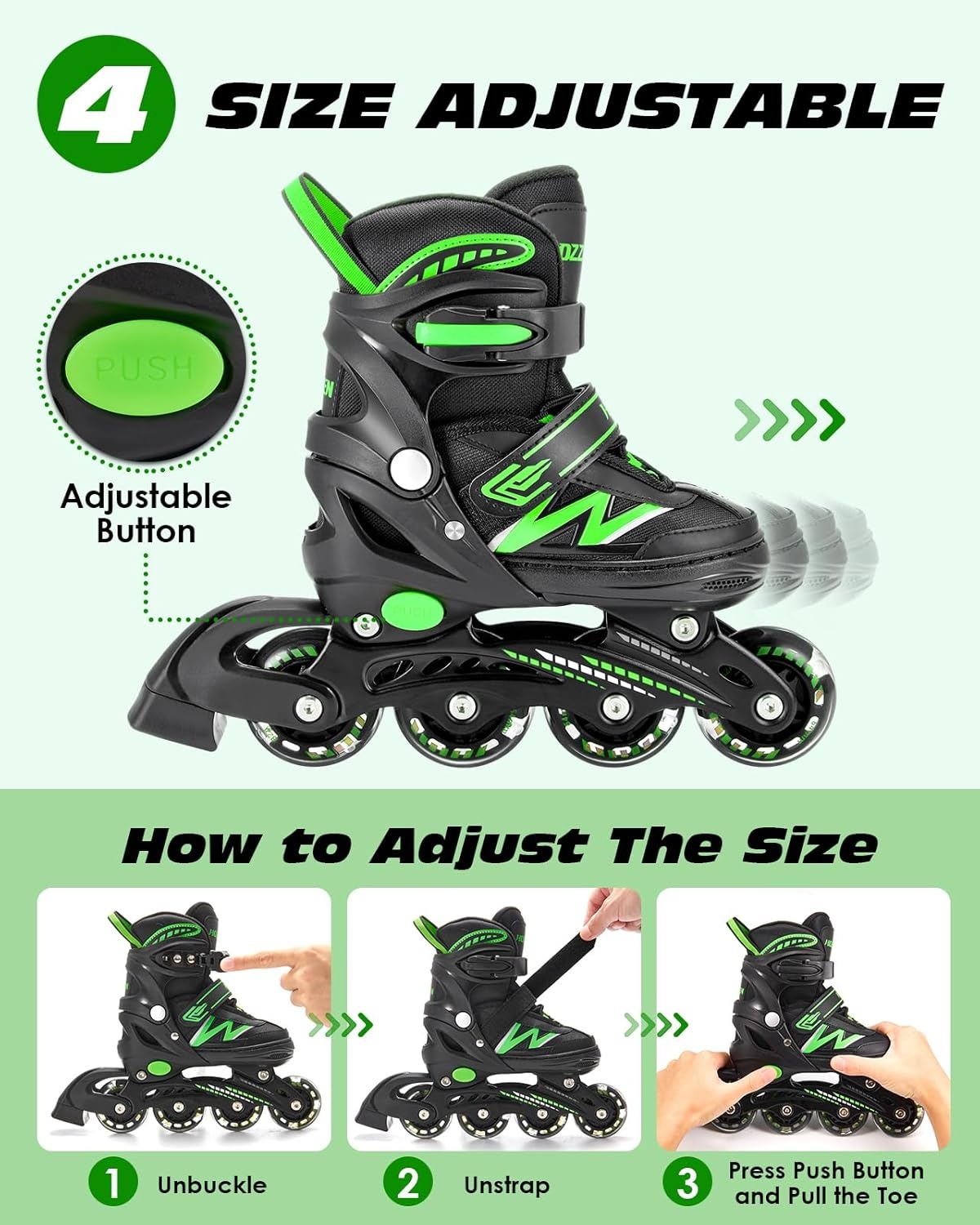 Hozzen Inline Skates voor kinderen en volwassenen, verstelbaar (Zwart en Groen, Maat M)