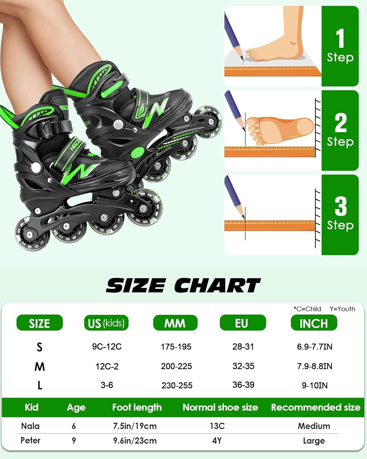 Hozzen Inline Skates voor kinderen en volwassenen, verstelbaar (Zwart en Groen, Maat M)