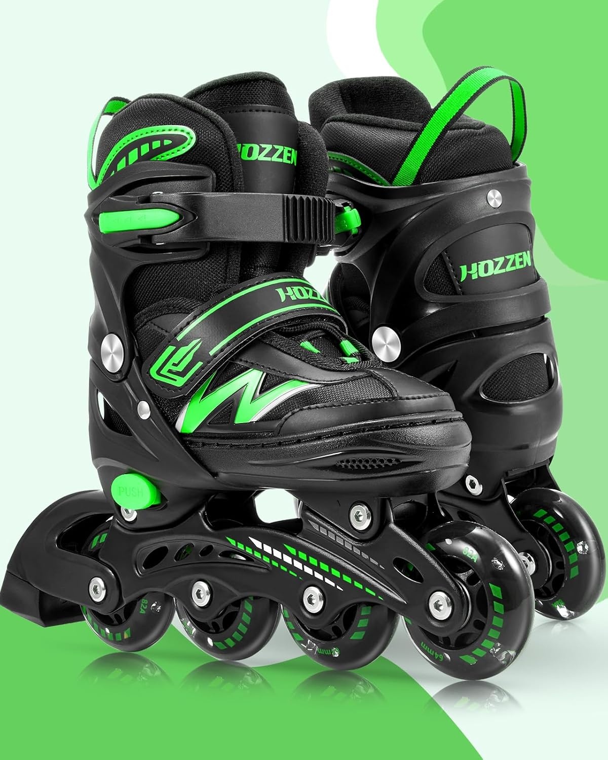 Hozzen Inline Skates voor kinderen en volwassenen, verstelbaar (Zwart en Groen, Maat M)