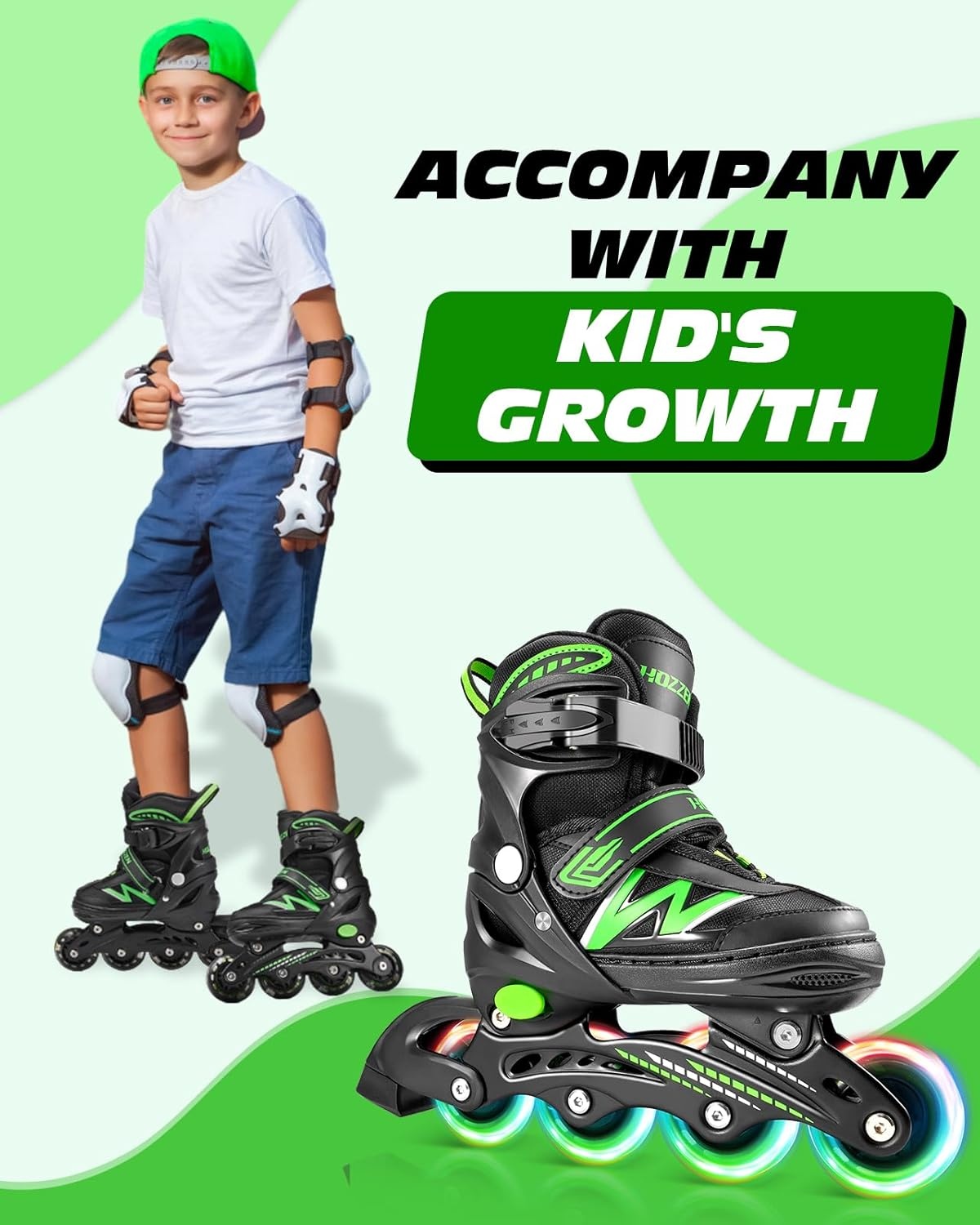 Hozzen Inline Skates voor kinderen en volwassenen, verstelbaar (Zwart en Groen, Maat M)