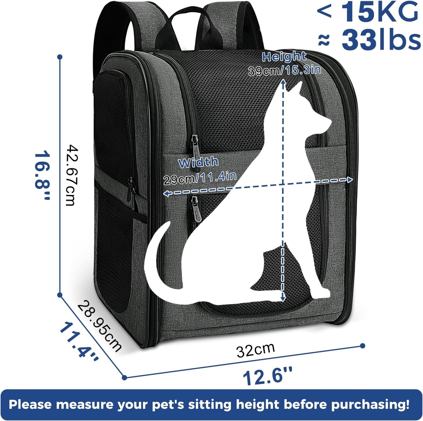 APOLLO WALKER Katten- en Hondenmand, Voor Grote en Kleine Katten (2-15 kg), Ademende Mesh Huisdierenmand, Ideaal Voor Wandelen, Reizen en Buitenactiviteiten(grijs)