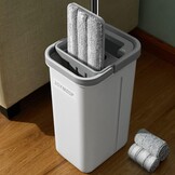 JOYMOOP Dweil Mop Set voor Platte Vloeren met Emmer en Wringer, Handsfree Reinigingssysteem met 3 Wasbare Microvezelpads, Geschikt voor Nat en Droog Gebruik
