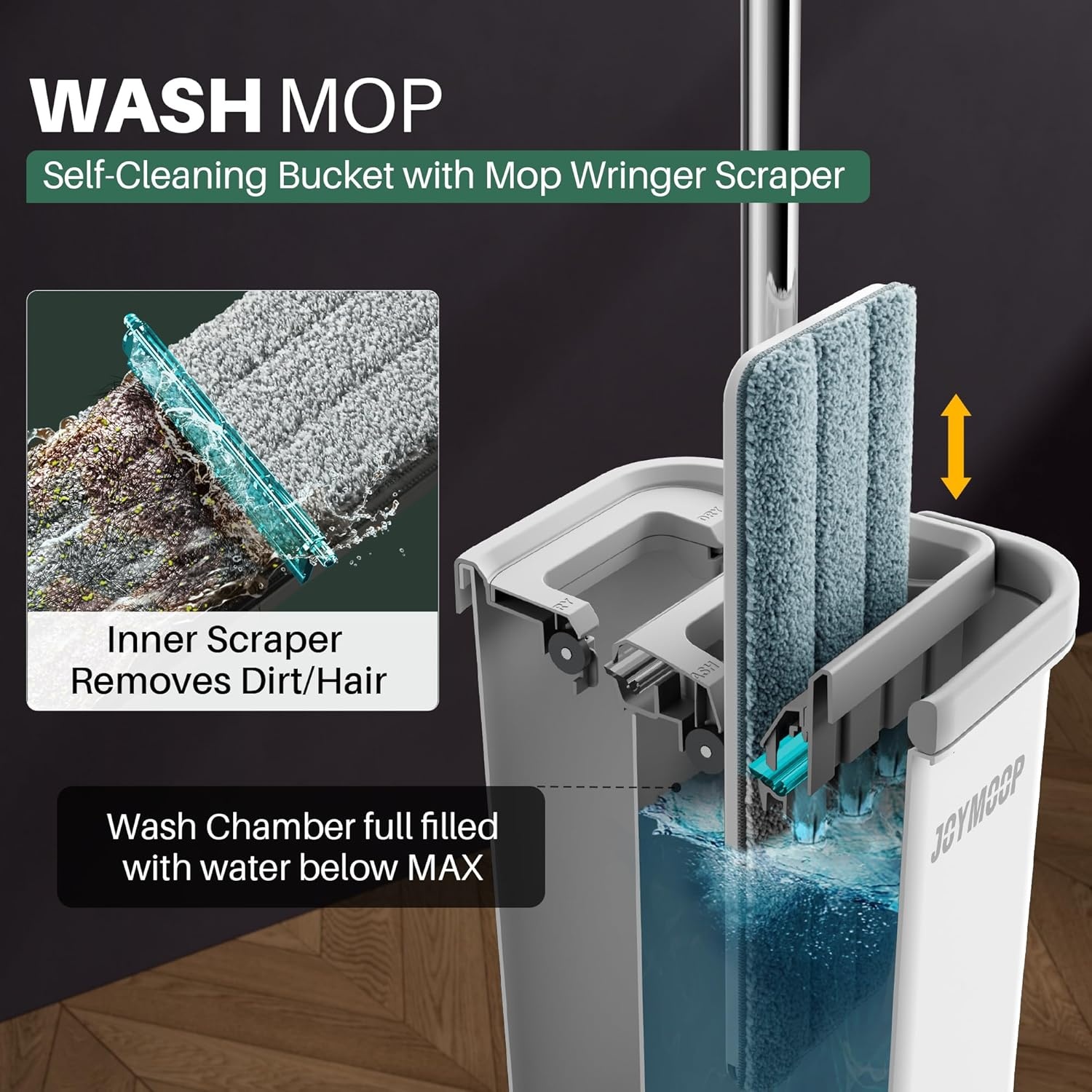JOYMOOP Dweil Mop Set voor Platte Vloeren met Emmer en Wringer, Handsfree Reinigingssysteem met 3 Wasbare Microvezelpads, Geschikt voor Nat en Droog Gebruik