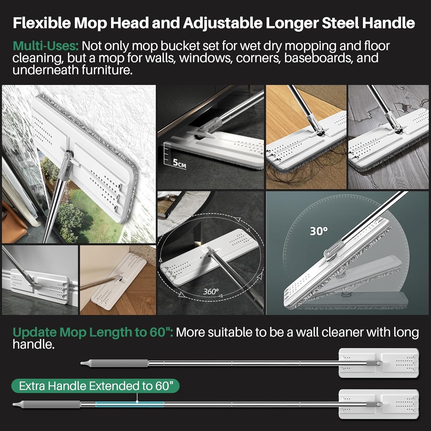 JOYMOOP Vloermop met Wringer en 3 Microvezelpads - Handsfree Reiniging