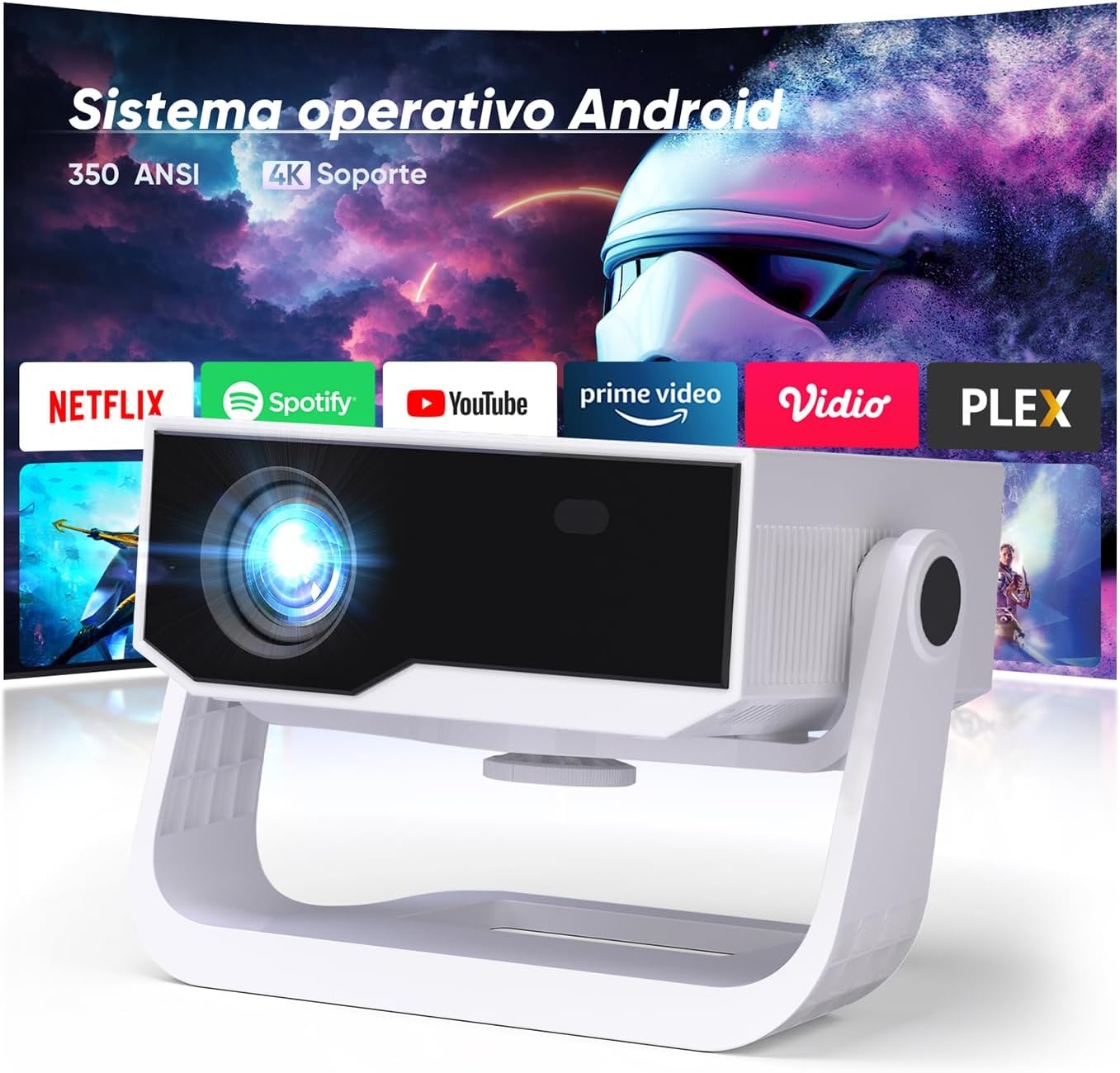 Draagbare Videoprojector Full HD 1080p 4K compatibel Android 10 WiFi6 Bluetooth 200 ANSI Lumen, elektronische focus & trapeziumcorrectie